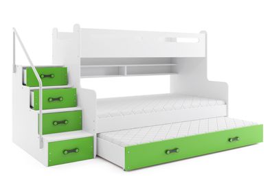 BMS Etagenbett für Kinder MAX 3 Weiß Grün mit 3 Matratzen
