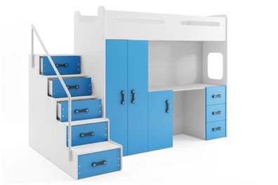 BMS Hochbett für Kinder MAX 4 Weiß Blau 4-teiliges Set