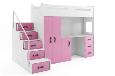 BMS Hochbett für Kinder MAX 4 Weiß Rosa 4-teiliges Set