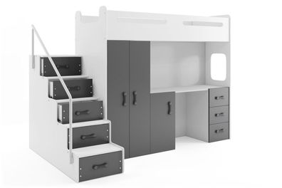 BMS Hochbett für Kinder MAX 4 Weiß Graphit 4-teiliges Set