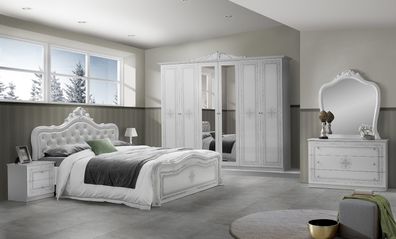 Barock Schlafzimmer Luisa Hochglanz in Weiß/Silber 6-teilig