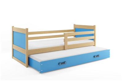 BMS Kinderbett Rico Kiefer Blau mit Bettkasten und 2 Matratzen