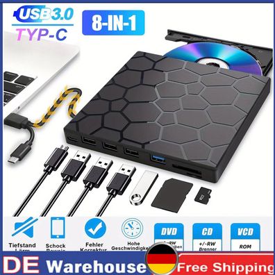 Externes CD DVD Laufwerk USB 3.0 Typ-C, Extern mit SD/TF-Kartenleser RW Brenner