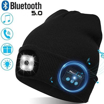 Bluetooth 5.0 LED Beanie Hat - Wireless Stereo Headset, Mic, Rechargeable