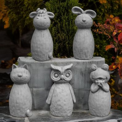 Lustige Steinfiguren 5er-Set: Kuh, Hase, Katze, Eule, Frosch, Garten Frostsicher
