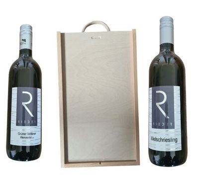 Holzbox mit Tragekordel und Schiebedeckel dazu Grüner Veltiner und Welschriesling