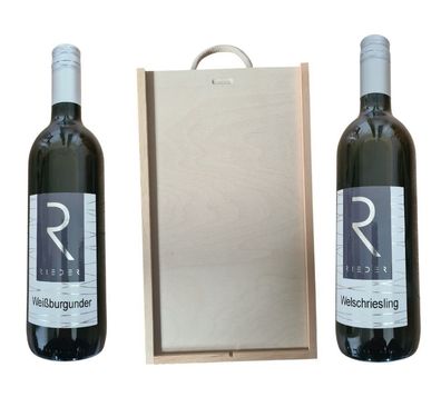 Holzbox mit Tragekordel und Schiebedeckel dazu Weißburgunder und Welschriesling