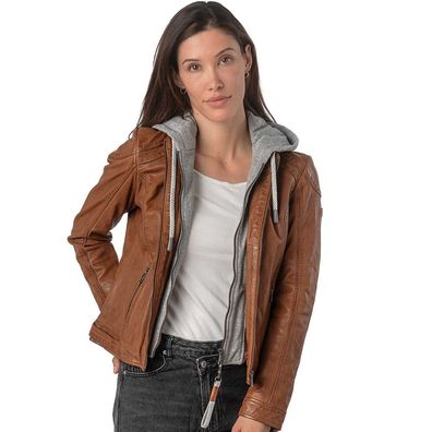 Mauritius - Damen Lederjacke Lammnappa Kapuze cognac
