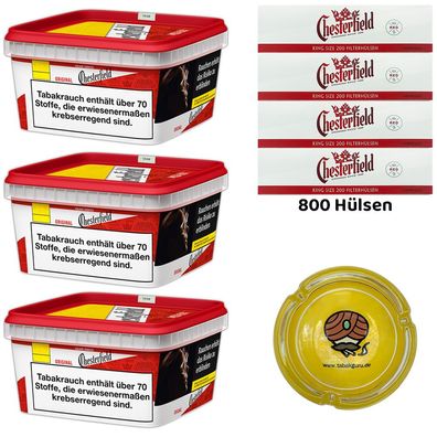 Chesterfield Red/Rot Volumentabak 3x 125g Mega BOX, 800 Hülsen, Glasascher