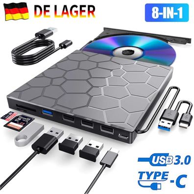 8 in 1 USB 3.0 Externes CD/DVD Laufwerk Brenner Player mit Type C für Laptop PC