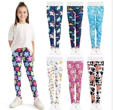 3 Stück Ki Leggings Für Mädchen Niedliche Bedruckte o einfarbig Stretch- für 3-10 J