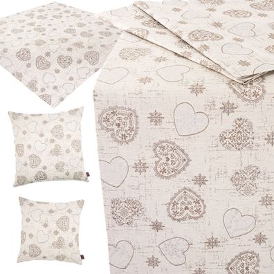 Weihnachten Tischdecke Tischläufer Kissenbezug Landhaus Herzen Beige Silber