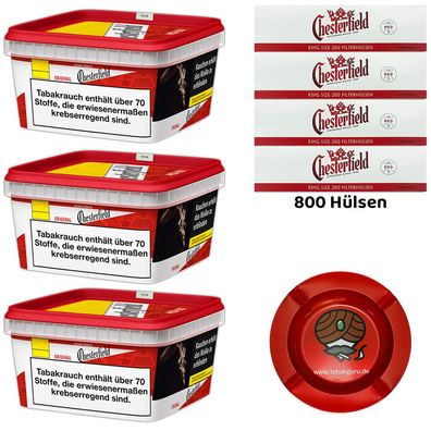 Chesterfield Red/Rot Volumentabak 3x 125g Mega BOX, 800 Hülsen, Metallascher