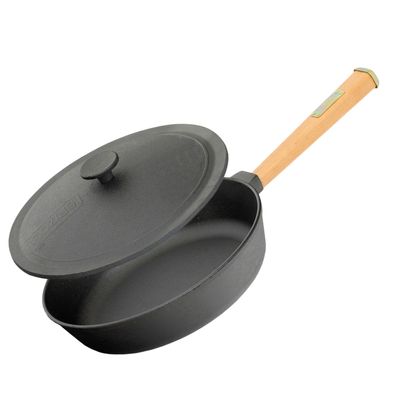 26cm Gusseisenpfanne 50mm hoch mit Holzgriff und Gusseisen Deckel Induktion Bratp