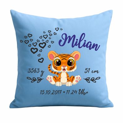 Kissen 40x40 personalisiert mit Motiv Tiger und den Geburtsdaten deines Kindes