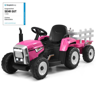 12V 3-Gang Traktor mit abnehmbarem Anhänger&2,4G Fernbedienung, Kinder Aufsitztraktor