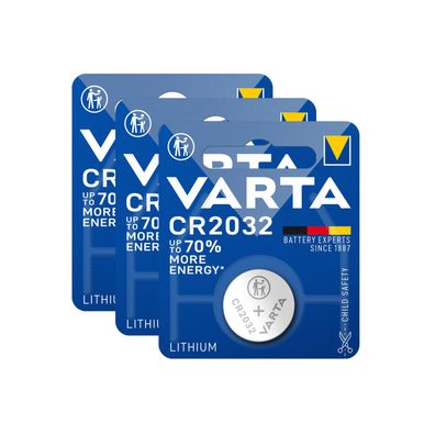 3x 1er Blister Varta CR2032 CR 2032 Knopfzelle Batterie 3V Lithium