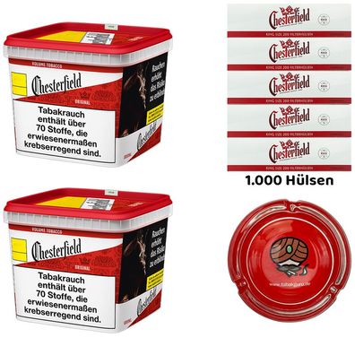 Chesterfield Red/Rot Volumentabak 2x 230g Giga BOX, 1000 Hülsen, Glasascher