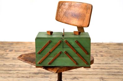 Nähkasten Shabby Grün Holz Vintage Mid Century Landhaus Alt Antik klappbar Loft