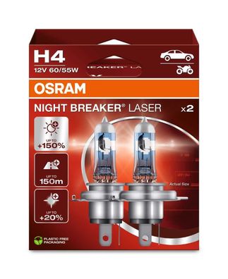 OSRAM H4 12V 60/55W P43t NIGHT BREAKER® LASER + 150% mehr Helligkeit 2 St