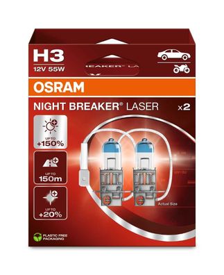 OSRAM H3 12V 55W PK22s NIGHT BREAKER® LASER + 150% mehr Helligkeit 2 St