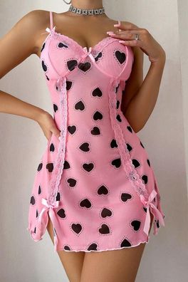 Mini-Nachthemd mit rosa Herzmuster und Schlitz -15923