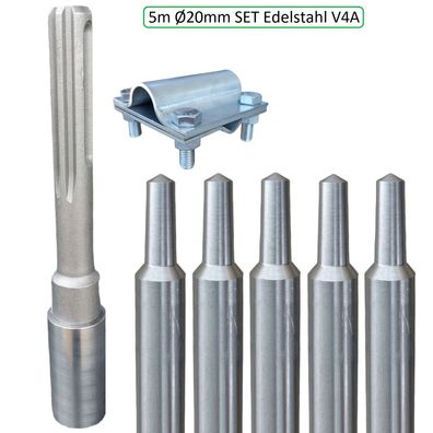 Tiefenerder Staberder 5m Set Ø 20mm V4A Edelstahl + SDS Max Schlagkopf + Klemme - PAG