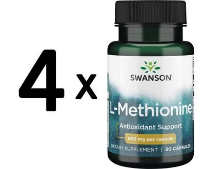 4 x Swanson 100% Pure L-Methionine, 500mg - 30 caps