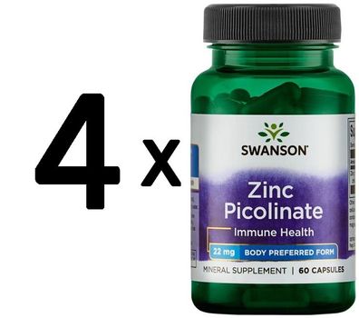 4 x Swanson Zinc Picolinate Body Preferred Form, 22mg - 60 caps