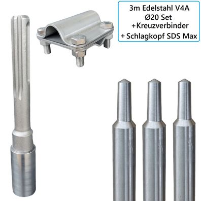 3 Meter Tiefenerder V4A Edelstahl Erder Blitzschutz mit Klemme und SDS Max Schlagkopf