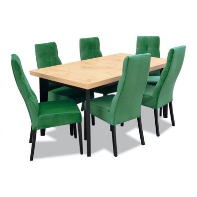Set aus rechteckigem Klapptisch und 6 gepolsterten Esszimmerstühlen aus Buche