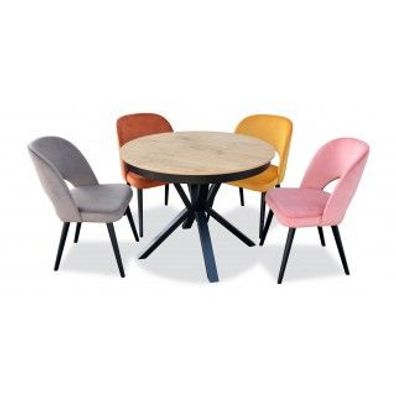 Set aus vier gepolsterten Stühlen und rundem klappbarem Metall-Esstisch für das Wohnz