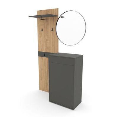 Kompaktgarderobe "Salon" mit Spiegel, Schrank, Kleiderhaken und Hutablage, Grau/Eiche