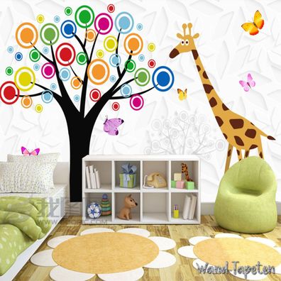 Vlies Fototapete Wandtapete Wandbilder Giraffe und buntem Baum 4026