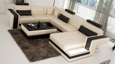 Beige Sofa Ecksofa Wohnlandschaft mit Regal Polster Sitz Garnitur Ledersofa USB