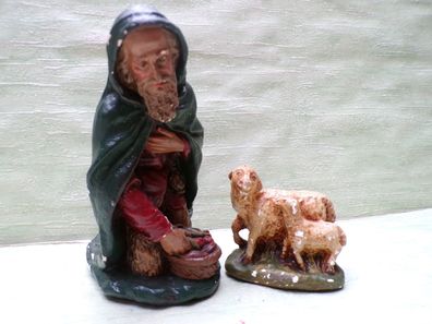 sehr alter Schäfer Hirte 14cm Krippenfigur 2 Schafe 8cm