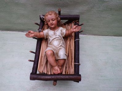 sehr alte Krippenfigur Jesuskind Christkind 15cm & Krippe Holz Stroh "signiert"
