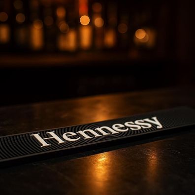 Hennessy Barmatte - ca. 60 x 9 cm - Schwarze rutschfeste Silikon-Barunterlage mit Hen