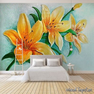 Vlies Fototapete Wandtapete Wandbilder 3D Goldrelief Wandbild mit Lilien 4090