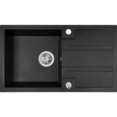 Granitspüle Einzelbecken Barbados 44x76 Schwarz mit Abtropffläche | Siphon im SET!