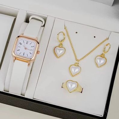 Schmuck-Set Herz Perlenkette Ohrringe und Armband-Set Quarzuhr Achtung OHNE BOX