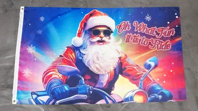 Fahne Flagge Frohe Weihnachten Weihnachtsmann auf Motorrad - 90 x 150 cm