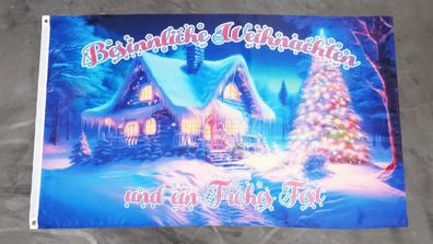 Fahne Flagge Frohe Weihnachten Haus Schnee Tannenbaum - 90 x 150 cm