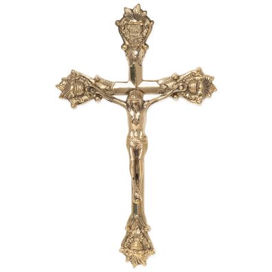 Wandkreuz Inri Kruzifix mit Jesus Christus Figur auf Kreuz aus Metall Messingfarben