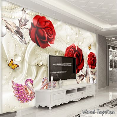 Vlies Fototapete Wandtapete Wandbilder Seide mit Roten Rosen und Schwänen 4109