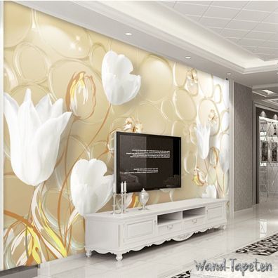 Vlies Fototapete Wandtapete Wandbilder 3D Weißen Tulpen und Schmetterlingen 4111