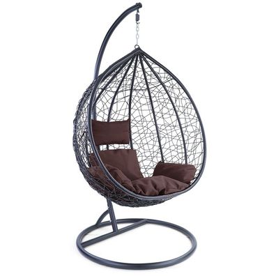 Luxus Hängesessel Miami XXL Polyrattan Korb und Gestell schwarz Kissen dkl. braun