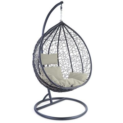 Luxus Hängesessel Miami XXL Polyrattan Korb und Gestell schwarz Kissen hellgrau