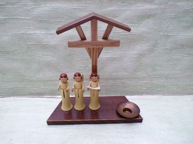 3 alte Holz-Engel-Miniatur Kerzenleuchter mit Kreuz christlich Erzgebirge ?