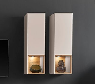 Hängevitrine 35x120cm 'Locarno' Wildeiche massiv & Front MDF creme inkl. Beleuchtung